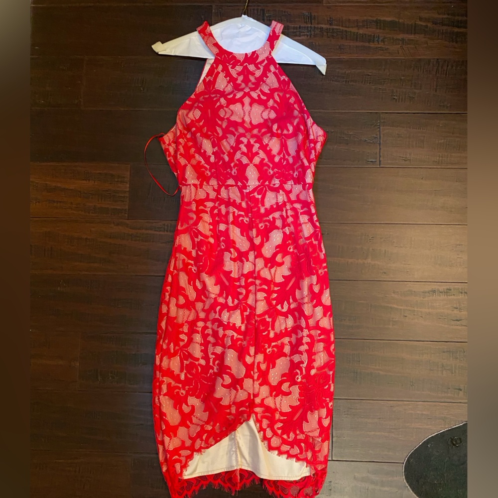 Red Halter Neck Asymmetrical Dress